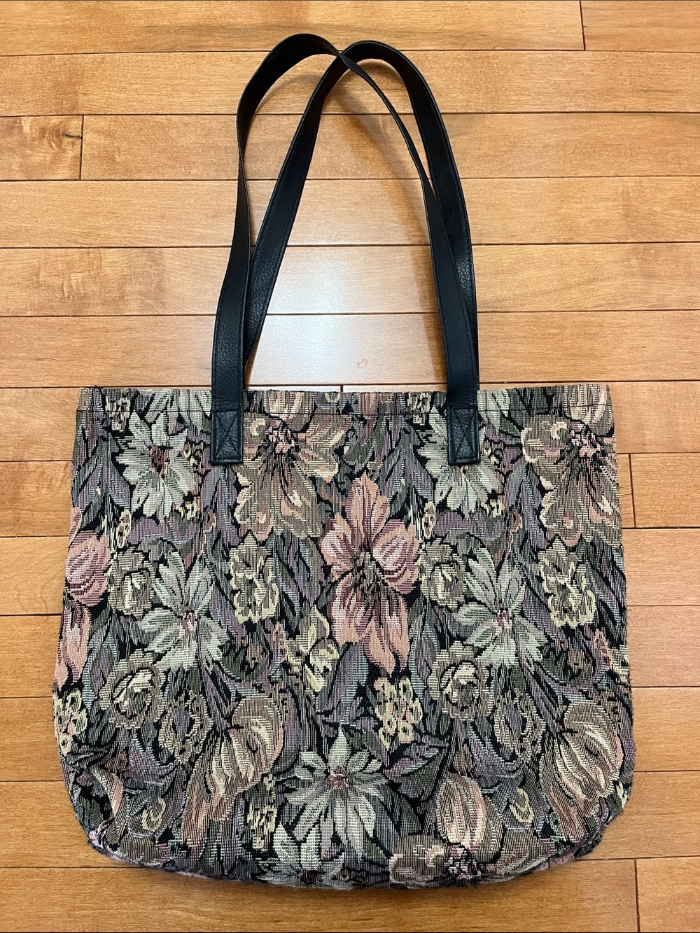 Vintage Floral Tapestry Tote Bag with Black Straps
